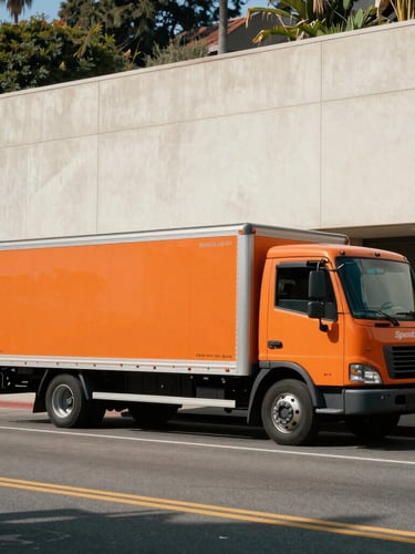 Wide shot of a branded orange and charcoal SpeedBox moving truck parked precisely on a steep Silver Lake street, sharp Southern California daylight casting crisp shadows, clean architectural lines in background.