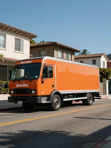 Low-angle wide shot of a clean, branded orange SpeedBox moving truck parked precisely on a steep, sunlit street in the Hollywood Hills, sharp shadows, clear sky, modern residential architecture in background.