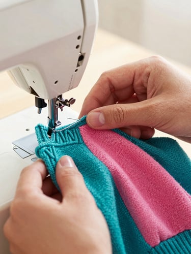 Close-up of hands carefully stitching a vibrant teal and pink pet sweater on a vintage sewing machine, warm natural daylight, soft focus, showing high-quality textile details.