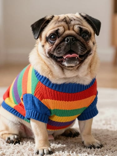 A happy chubby pug wearing a colorful custom-tailored knit sweater, sitting comfortably on a soft rug, warm natural daylight, detailed textile textures, vibrant pet photography