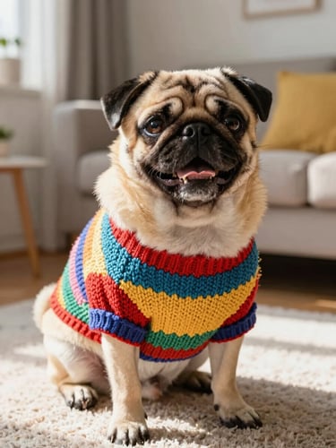 A happy pug wearing a colorful handmade knit sweater in a sunlit cozy living room, warm daylight