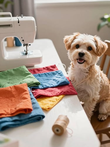 A warm, natural light photograph of a cheerful family workshop table with colorful fabrics, sewing machine, and a happy small dog sitting nearby looking at the camera, soft shadows, detailed textile textures.