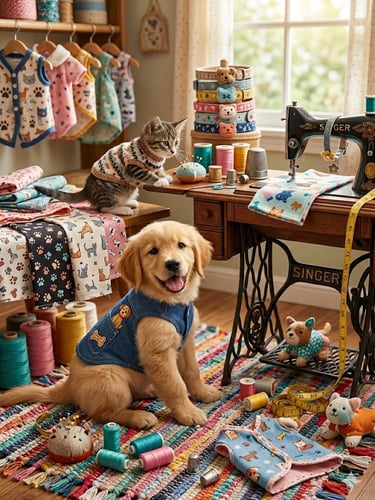 Golden Retriever puppy and kitten wearing custom pet clothes in a sewing room with a vintage Singer machine.