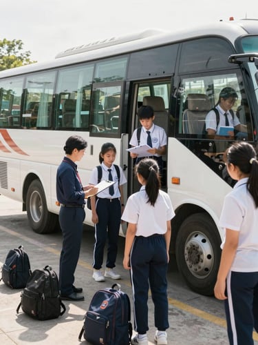 Wide environmental shot, school students in uniforms boarding a white coach at a sunny depot, teachers standing at the door checking names on a clipboard, bright morning light, bags on the ground, sense of organized departure — no posed smiles, genuine activity