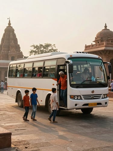 Environmental wide shot of a family group boarding a coach at a temple forecourt in northern India, morning light, children and elders visible, stone carvings in the background, warm golden-hour haze