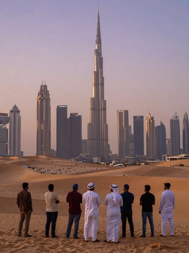 Wide environmental shot looking across the Dubai skyline from a desert viewpoint at dusk, a group of Indian tourists in the foreground facing the glittering towers, warm amber and violet sky above