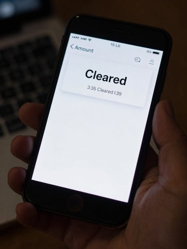 Close-up of a smartphone held in hand, screen glowing with an SMS notification showing a transaction confirmation — amount, status 'Cleared', timestamp visible — device-screen-lit against a near-dark background, tight crop on the notification banner