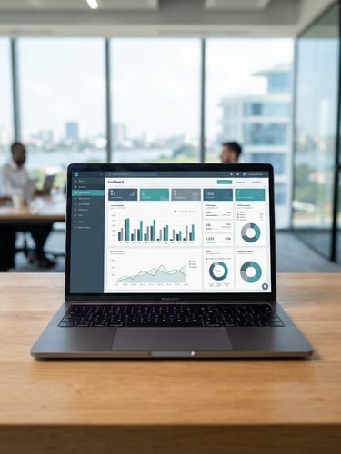 Straight-on device mockup of a modern business platform on a clean wooden desk in an Abidjan office, bright natural light pouring through large windows, cool slate tones, shallow depth of field.