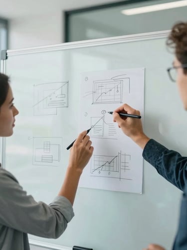 Professional team collaboration in a bright modern Abidjan office, hands sketching wireframes on a whiteboard, natural daylight, cool slate tones, shallow depth of field.