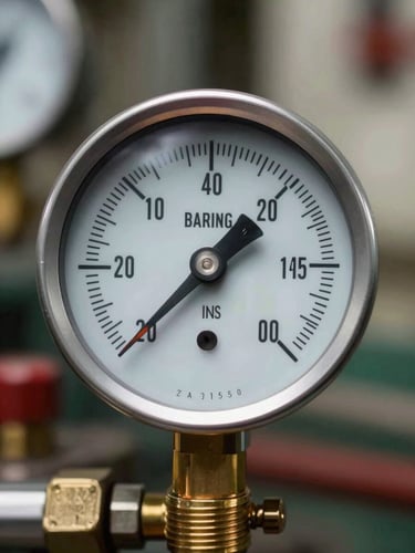 Macro close-up of a high-precision marine pressure gauge, safety orange pointer, brass threads, crisp industrial lighting, ship engine room background.