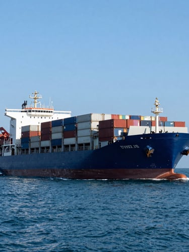 A massive commercial container ship in bright daylight, clear blue skies, wide angle environmental shot, sailing through calm blue ocean waters.