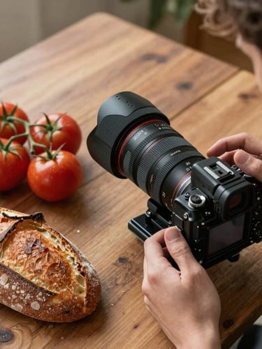 Overhead shot of a rustic wooden table under soft daylight, a professional camera rig positioned over heirloom tomatoes and fresh sourdough, hands adjusting a lens.