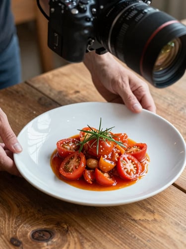 Soft Scandinavian daylight illuminating a rustic wooden table, camera rig positioned overhead capturing hands plating a vibrant heirloom tomato dish, natural shadows.