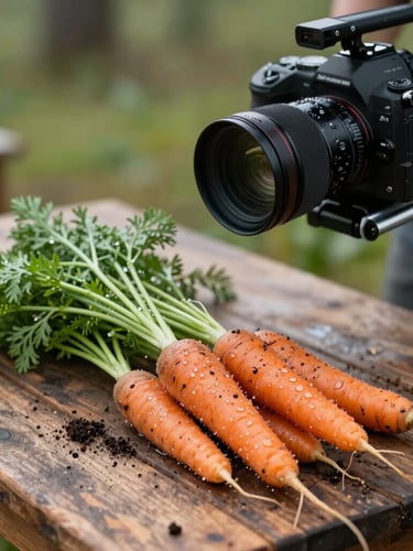 Candid mid-action shot of a camera rig positioned over a rustic wooden table filled with soil-dusted heirloom carrots and morning dew, soft Scandinavian daylight.