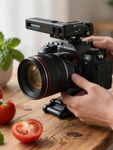 Close-up shot of a professional camera rig positioned over a rustic wooden table, soft Scandinavian daylight illuminating raw heirloom tomatoes, fresh basil, and a ceramic bowl, hands adjusting the lens focus.
