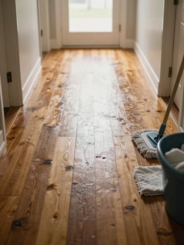 Close-up of a freshly buffed hardwood floor in a hallway, natural daylight streaming in from an open doorway at the far end, a mop bucket and microfiber pads visible to the lower right, warm tones, documentary framing