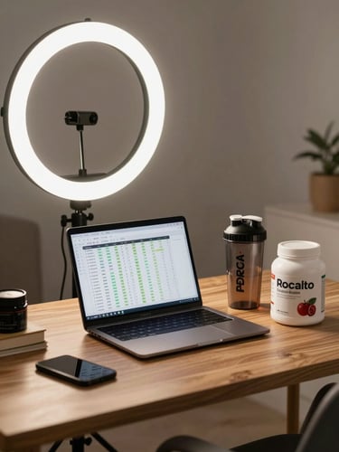 Creator content setup on a clean desk — a ring light, a laptop displaying a nutrition tracking spreadsheet, a protein shaker and supplement container to the right, studio lighting, no face visible, wide environmental framing