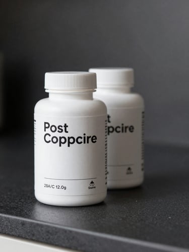 Close-up of a clean supplement bottle on a matte charcoal kitchen counter, studio product lighting from the left, label facing forward, a second bottle slightly out of focus behind it, minimal negative space to the right