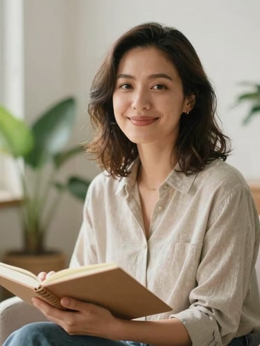 A warm, natural portrait of a professional woman in her late 30s, smiling gently, sitting in a bright sunlit room with plants, holding a notebook, soft daylight, 35mm, shallow depth of field.