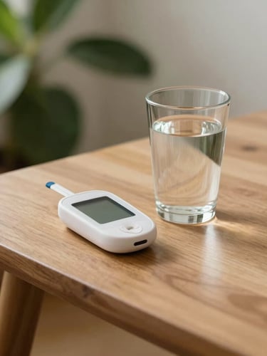 Warm editorial photography, soft natural daylight, a modern wooden table with a fresh glass of water, a subtle blood glucose monitor, and a green plant in the background, 35mm, shallow depth of field.