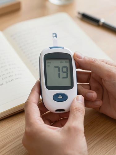 Close up of hands holding a modern glucose monitor next to a notebook with handwritten notes on a wooden table, soft natural daylight, shallow depth of field