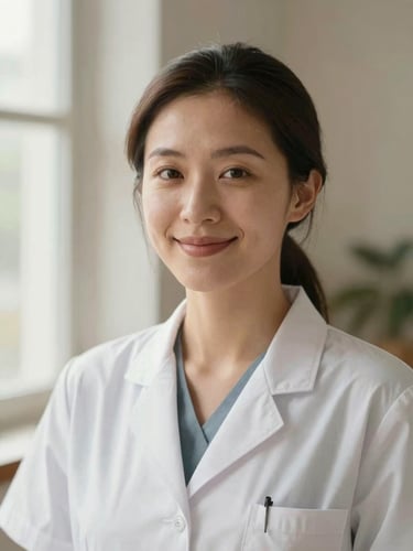 Warm editorial portrait of a female health journalist in her 30s, soft natural daylight from a window, smiling gently, neutral organic background, shallow depth of field, 35mm