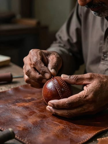 Dramatic environmental portrait of a master leather craftsman hand-stitching a cricket ball in a Kasur workshop, side-lit with deep shadows highlighting raw leather textures