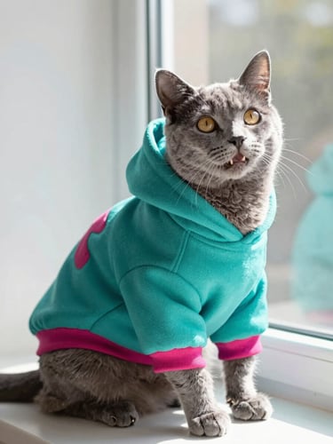 Bright editorial pet photography of a happy grey cat wearing a custom teal hoodie, sitting comfortably near a sunlit window, shallow depth of field