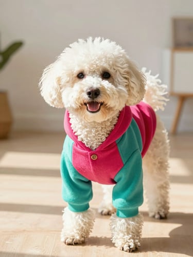 Bright editorial pet photography, a happy fluffy dog wearing a perfectly fitting colorful knit hoodie, warm natural daylight indoor setting