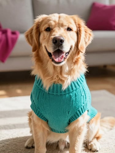 Bright editorial pet photography, a happy golden retriever wearing a vibrant teal knitted sweater, sitting comfortably on a sunny living room rug, warm natural daylight, close-up on perfect fit.