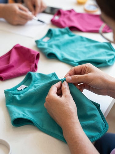 Warm family pet workshop in Celaya, hands carefully sewing a colorful pet garment, soft natural lighting, vibrant fabrics, cozy and authentic atmosphere.