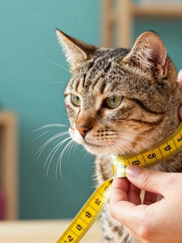 Close-up of hands gently measuring a calm tabby cat's neck with a yellow measuring tape, warm sun-drenched Celaya workshop background, soft focus.