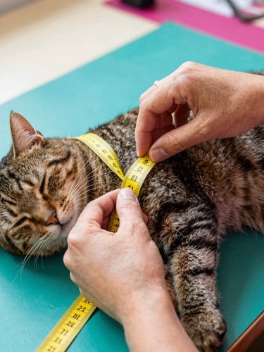 Close-up of tailor hands measuring a sleeping brown tabby cat's chest with a yellow measuring tape, warm natural light, sewing workshop in Celaya