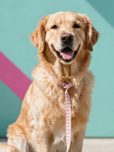 Bright editorial pet photography, a happy golden retriever sitting calmly while a soft fabric tape measure gently wraps around its chest, natural daylight, soft teal background.