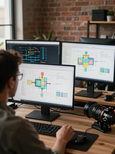Over-the-shoulder wide shot of a developer analyzing complex system architecture diagrams on dual high-contrast monitors in a brick-walled workshop, natural side-light.