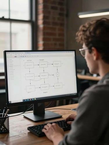 Over-the-shoulder shot of a developer analyzing system schemas on a vertical monitor, warm side-light from an industrial window illuminating a brick-and-steel workspace.