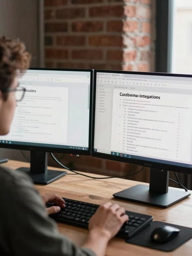 Over-the-shoulder shot of a developer analyzing custom integration database schemas on high-contrast dual monitors in a brick-and-timber workshop, natural side-light