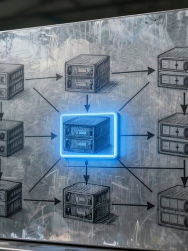 A hand-drawn system architecture diagram showing database nodes and API connections, sketched on a raw steel panel in an industrial workshop, cool blue screen glow.