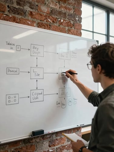 Over-the-shoulder view of a developer mapping out a complex database schema on a physical whiteboard in a brick-walled workshop, sharp side lighting from an industrial window.