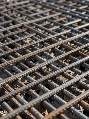 Macro high-contrast shot of raw steel rebar grids and poured concrete textures, showing structural honesty and heavy material scale under harsh morning light.