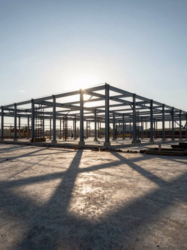 Extreme wide-angle shot of a massive active construction site, exposed structural steel framing against a high-contrast early morning sky, dramatic long shadows.