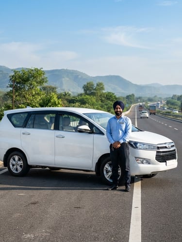 A spotless white Toyota Innova Crysta parked on a clean highway near Chandigarh, bright morning daylight, crisp focus, professional driver standing nearby in neat attire