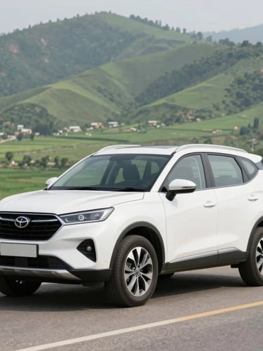 A clean, modern white SUV parked on a scenic mountain road in Punjab, bright morning daylight, crisp focus, beautiful green fields in the background.