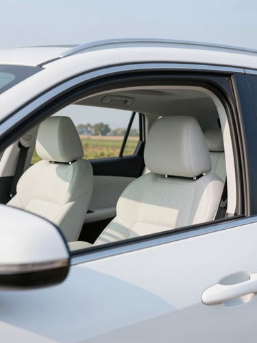 Interior of a modern white SUV with clean leather seats, bright daylight streaming through the window, showing comfort and premium maintenance.