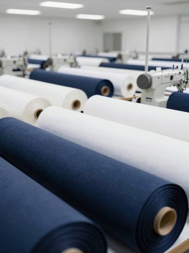 Wide shot of a clean, modern textile manufacturing floor in Ludhiana, showing industrial sewing machines and neatly stacked fabric rolls under bright studio lighting.
