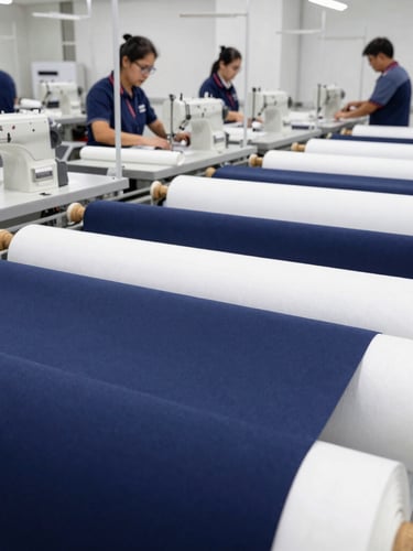 Wide shot of a clean, brightly lit textile manufacturing floor with modern industrial sewing machines, neatly stacked bolts of fabric, and a few skilled technicians overseeing operations. Crisp commercial photography, sharp focus, navy and white tones, 50mm.