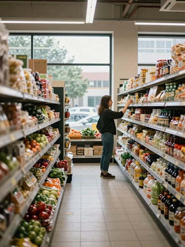 Wide interior view of a well-organized S71 neighborhood supermarket, natural daylight pouring through large storefront windows, full shelves of packaged goods and fresh produce visible in the foreground, clean tile floors, a customer reaching for a product at eye level — documentary realism, no posing