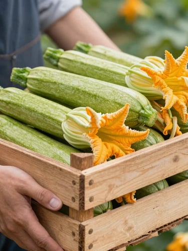 Close-up of hands holding a rustic wooden crate filled with fresh green zucchini and bright orange squash blossoms, morning warehouse light, crisp editorial style