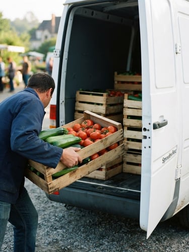 Crisp morning light shot of wooden crates filled with vibrant green zucchini and red tomatoes being loaded into a clean white delivery van, shallow depth of field, 35mm lens