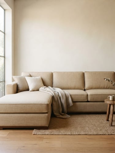 Straight-on eye-level shot of a tailored L-shape sofa in a warm, sunlit living room with minimal styling, soft natural side-light, sand fabric texture, 35mm.